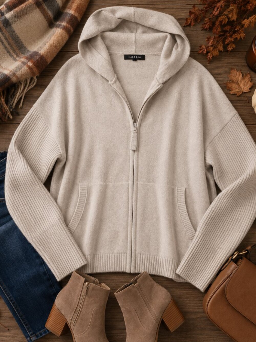 Halogen Cream Hoodie Long Sleeve Batwing Zip-Up Sweater Size M #2044